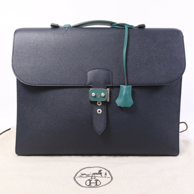 HERMES Epsom皮革Sac a Depeches 37銀扣手挽袋Bleu Indigo/Malachite-9
