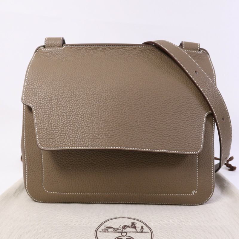 HERMES Togo皮革Mali-Selle PM Messenger Bag銀扣肩背袋Etoupe-8