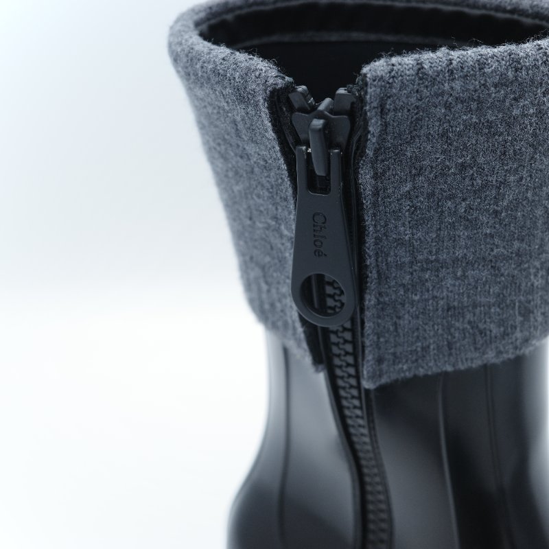 Chloé 蔻依 Betty 黑色橡膠殼 灰色羅紋 針織拼接 雨靴 EU36-9