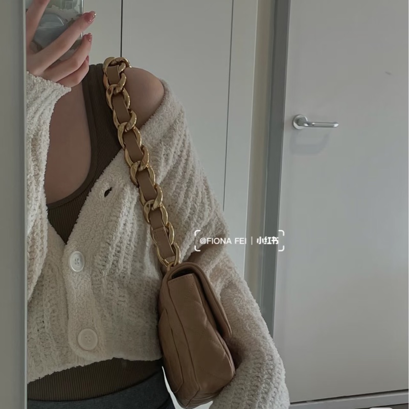 Chanel 香奈兒奶茶色小羊皮翻蓋肩背包金釦雙C 粗鍊條 經典菱格AS3213-6