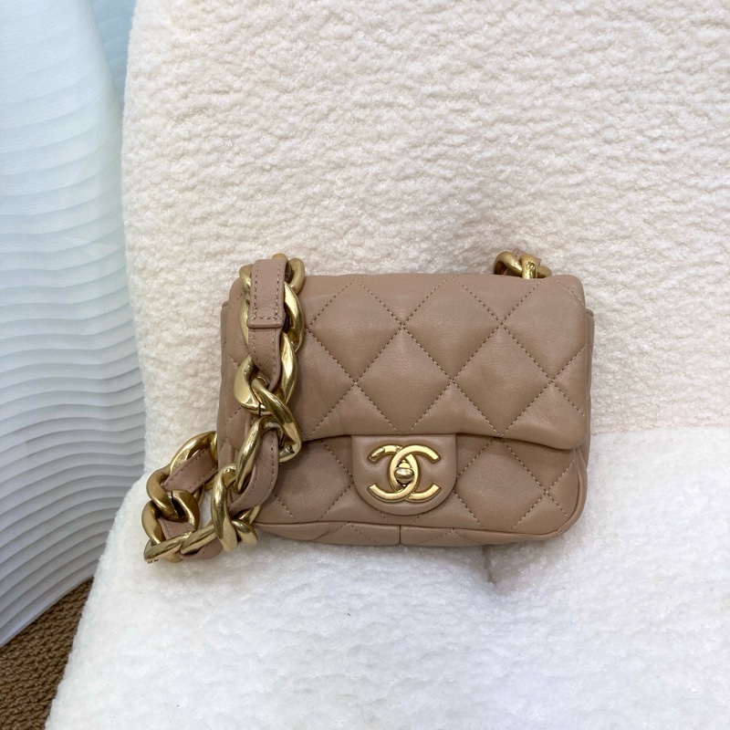 Chanel 香奈兒奶茶色小羊皮翻蓋肩背包金釦雙C 粗鍊條 經典菱格AS3213-7