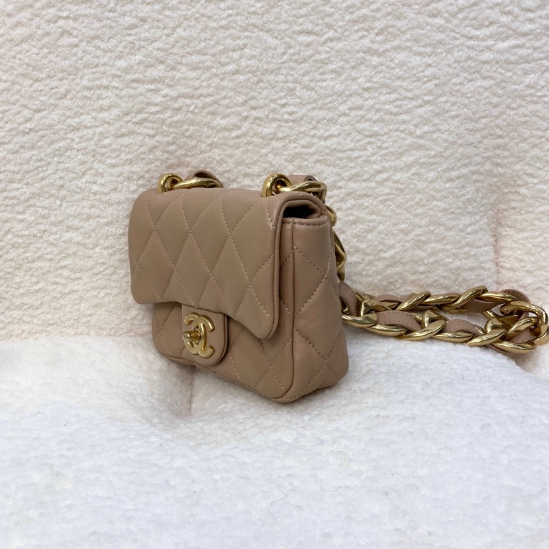 Chanel 香奈兒奶茶色小羊皮翻蓋肩背包金釦雙C 粗鍊條 經典菱格AS3213-8