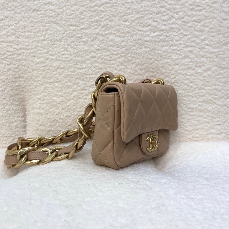 Chanel 香奈兒奶茶色小羊皮翻蓋肩背包金釦雙C 粗鍊條 經典菱格AS3213-9