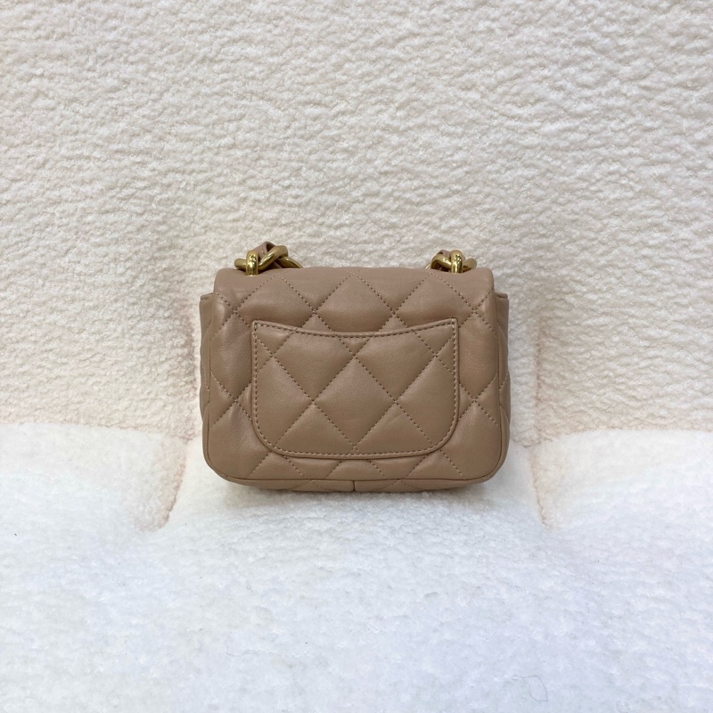 Chanel 香奈兒奶茶色小羊皮翻蓋肩背包金釦雙C 粗鍊條 經典菱格AS3213-10