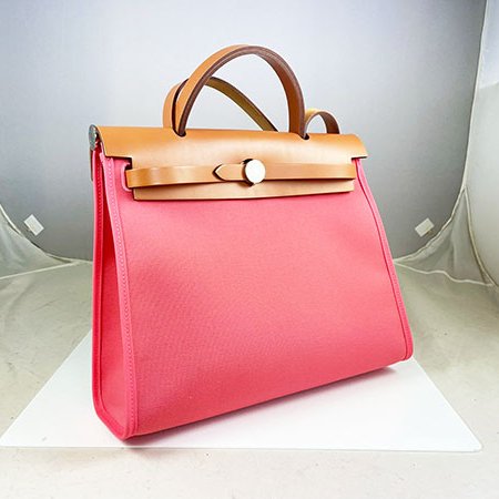 ＊奢華大道國際精品＊【H0421】HERMES杜鵑粉8W 帆布 HERBAG 31CM 兩用包-1