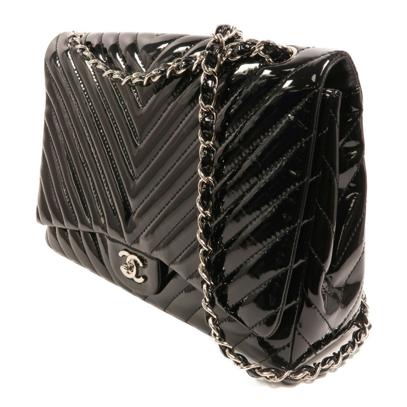 CHANEL 漆皮皮革Maxi Classic銀扣鏈帶肩背袋-2