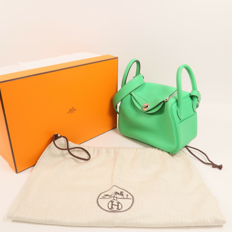 HERMES Clemence皮革Mini Lindy銀扣手挽肩背兩用袋Vert Comic-8