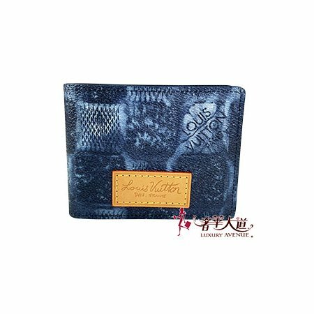 ＊奢華大道國際精品＊【L3321】LV藍色大棋盤格丹寧塗鴉 MULTIPLE 對開短夾 N50058