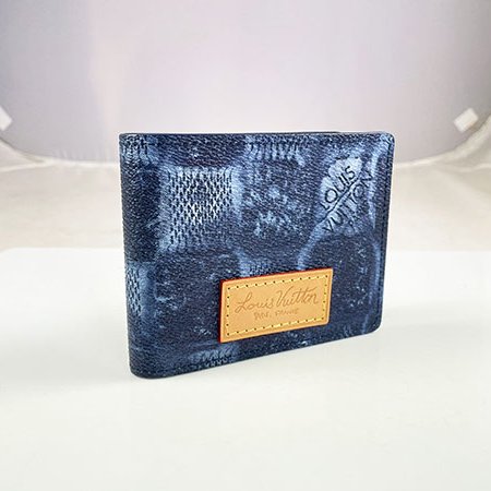 ＊奢華大道國際精品＊【L3321】LV藍色大棋盤格丹寧塗鴉 MULTIPLE 對開短夾 N50058-1