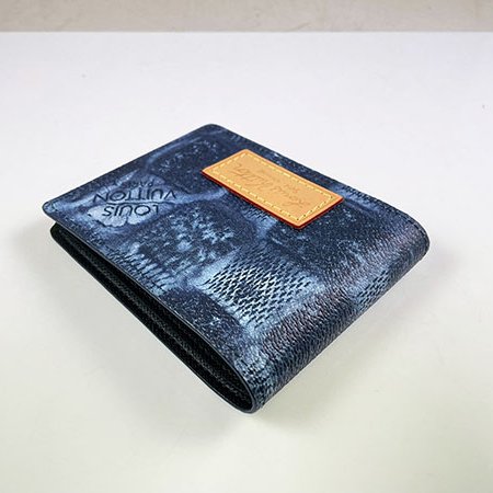 ＊奢華大道國際精品＊【L3321】LV藍色大棋盤格丹寧塗鴉 MULTIPLE 對開短夾 N50058-2