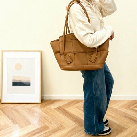 BV焦糖棕牛皮大編織Arco48下蓋肩背托特包(可放電腦!通勤包!)