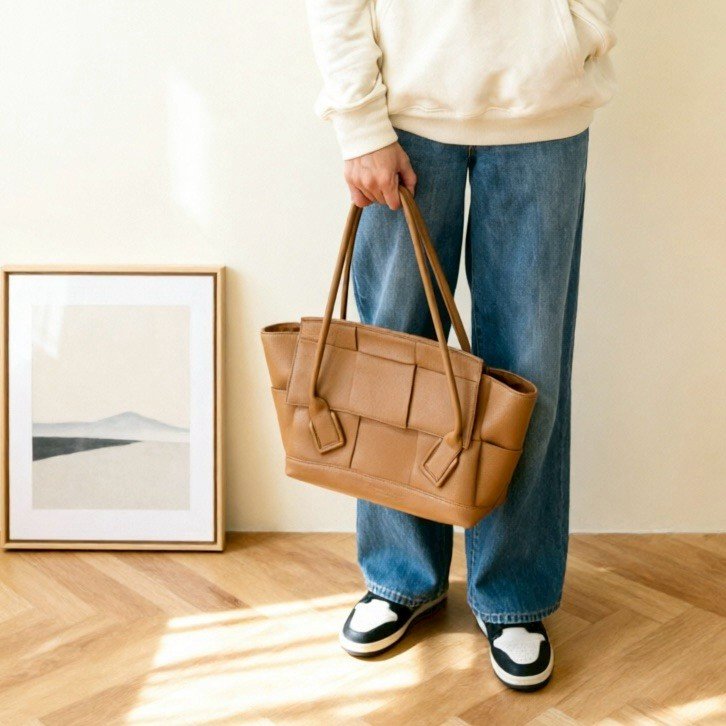 BV焦糖棕牛皮大編織Arco48下蓋肩背托特包(可放電腦!通勤包!)-1