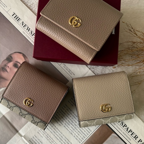 GG Marmont 皮革拼帆布二折大款短夾(玫瑰米色/烏木)