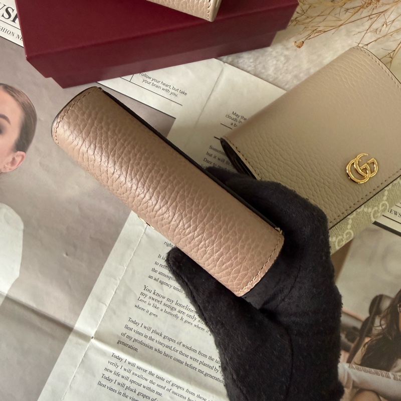 GG Marmont 皮革拼帆布二折大款短夾(玫瑰米色/烏木)-6