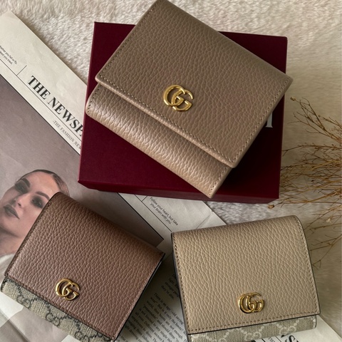 GG Marmont 皮革中型二折短夾(米灰/淺粉)