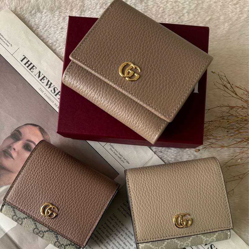 GG Marmont 皮革中型二折短夾(米灰/淺粉)-0