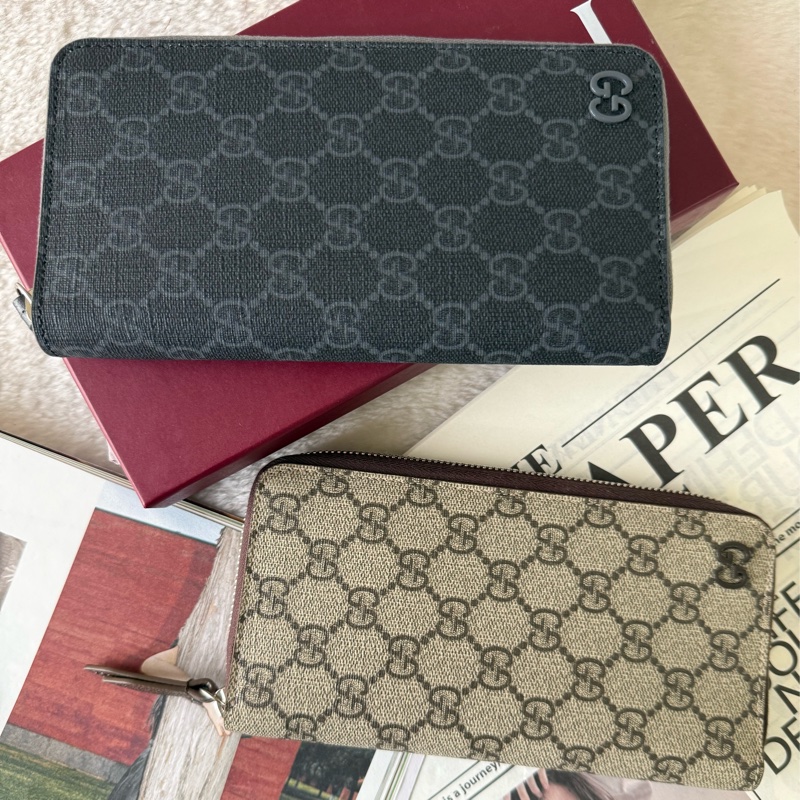 Logo GG Supreme 塗層帆布ㄇ形拉鍊全開長夾(黑灰色)-0