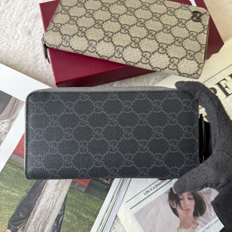 Logo GG Supreme 塗層帆布ㄇ形拉鍊全開長夾(黑灰色)-3