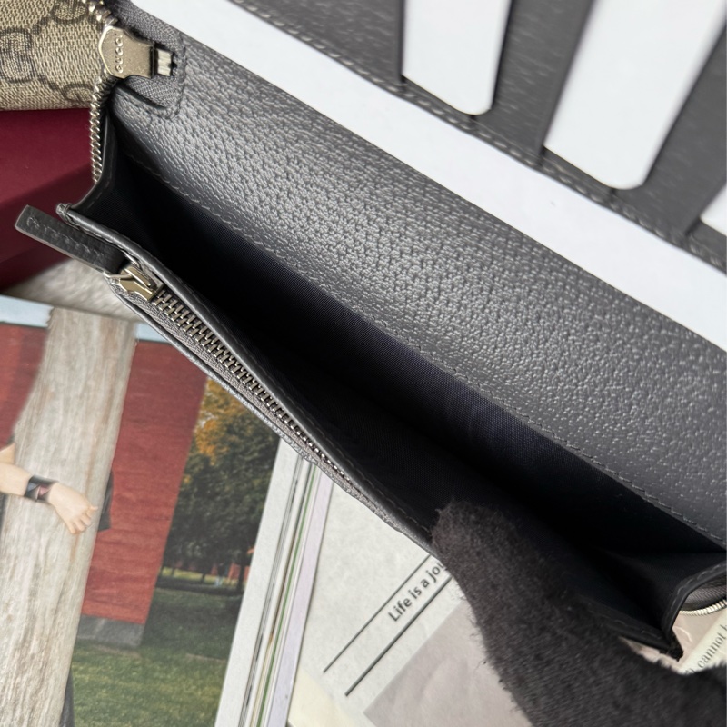 Logo GG Supreme 塗層帆布ㄇ形拉鍊全開長夾(黑灰色)-8