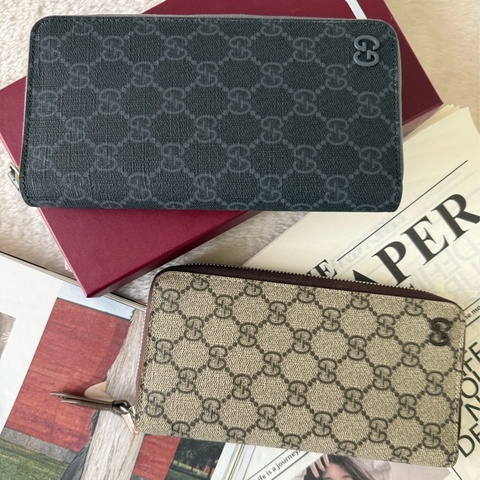 Logo GG Supreme 塗層帆布ㄇ形拉鍊全開長夾(深棕色)