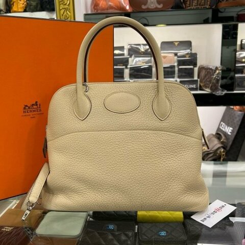 東區正精品㊣HERMES Bolide 31cm 愛馬仕風衣灰色全皮銀釦拉鍊柏麗包手提包肩背包兩用包 方塊M刻 RZ6282