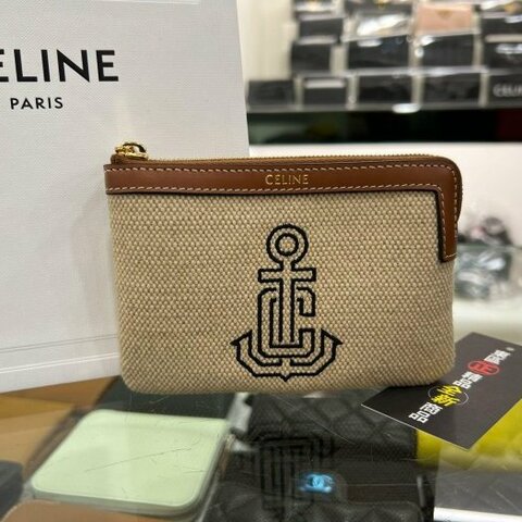 東區正精品㊣CELINE 全新焦糖色皮革邊船錨刺繡帆布拉鍊鑰匙零錢包 RZ6285
