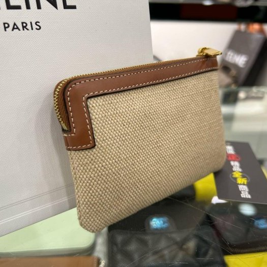 東區正精品㊣CELINE 全新焦糖色皮革邊船錨刺繡帆布拉鍊鑰匙零錢包 RZ6285-3