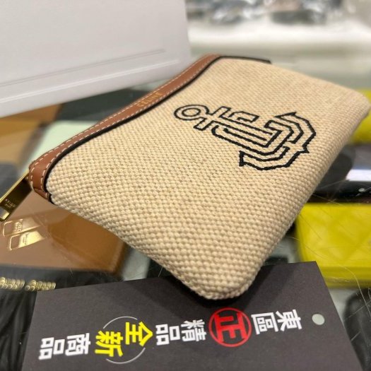 東區正精品㊣CELINE 全新焦糖色皮革邊船錨刺繡帆布拉鍊鑰匙零錢包 RZ6285-5