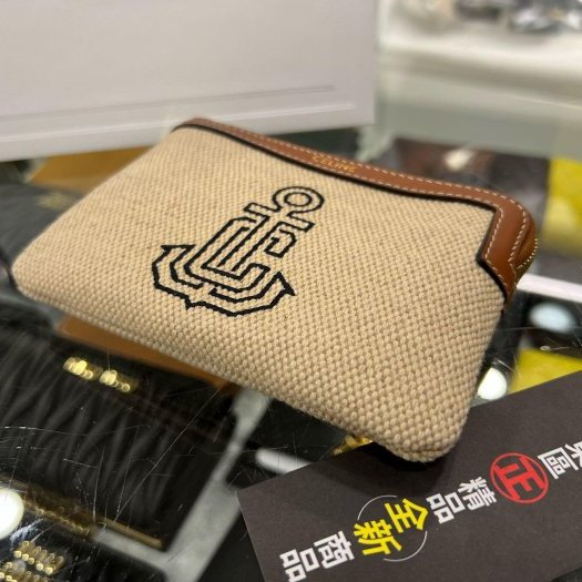 東區正精品㊣CELINE 全新焦糖色皮革邊船錨刺繡帆布拉鍊鑰匙零錢包 RZ6285-6
