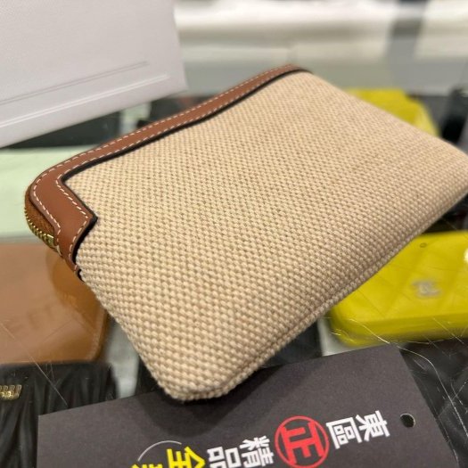 東區正精品㊣CELINE 全新焦糖色皮革邊船錨刺繡帆布拉鍊鑰匙零錢包 RZ6285-8