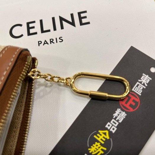 東區正精品㊣CELINE 全新焦糖色皮革邊船錨刺繡帆布拉鍊鑰匙零錢包 RZ6285-9