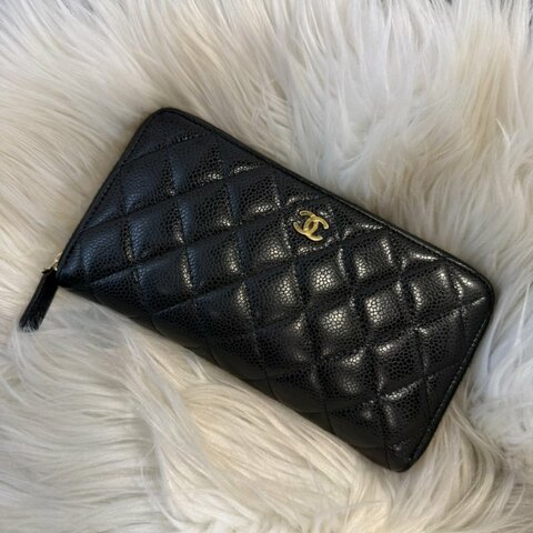 香奈兒 黑金拉鍊荔枝長夾