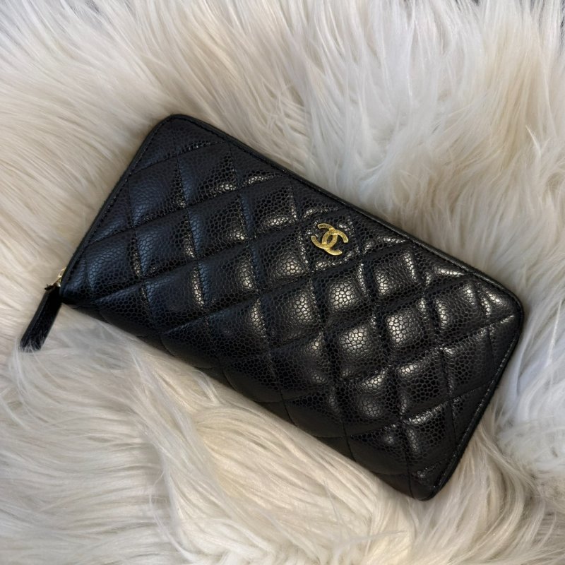 香奈兒 黑金拉鍊荔枝長夾-0