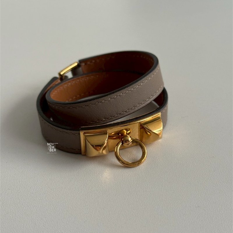 98新🫰🏻 Hermès 愛馬仕 Rivale Double Tour Bracelet 手環 大象灰金釦-0