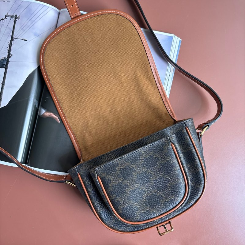 ::Celine:: Medium Folco Bag In Triomphe Canvas 棕褐色凱旋門老花帆布拼咖啡色小牛皮中型半圓肩背包-3