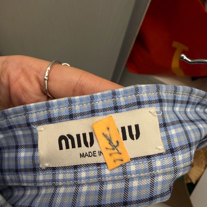 MIU MIU 格紋府綢恤衫 天藍色 + 藍色-3