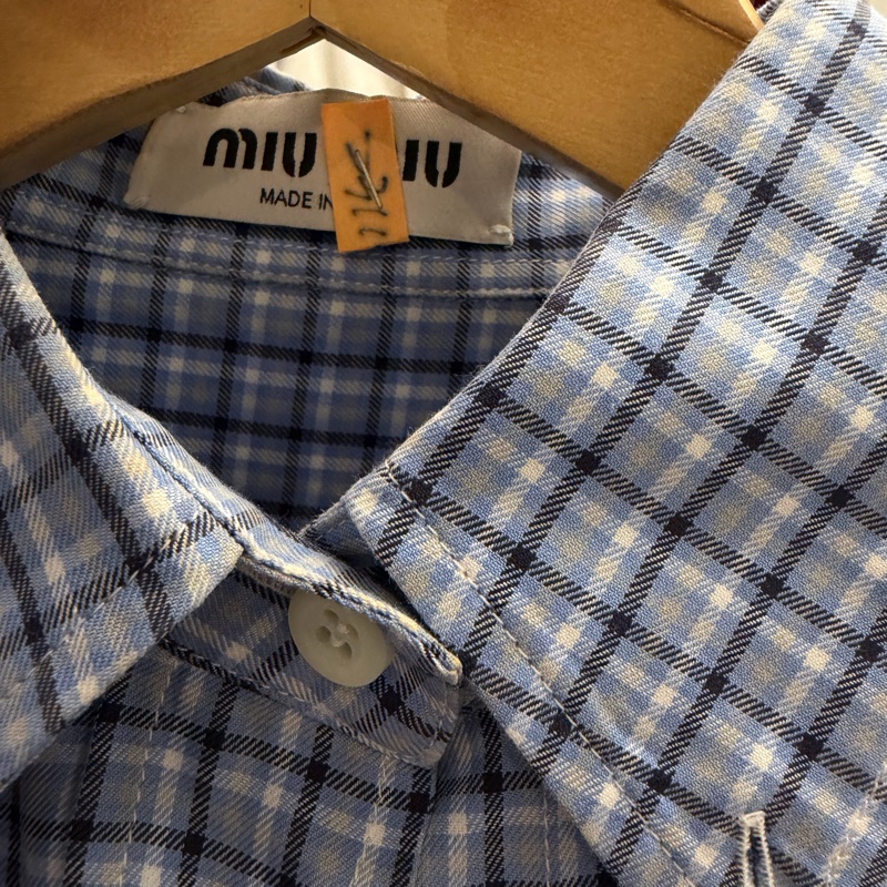 MIU MIU 格紋府綢恤衫 天藍色 + 藍色-4