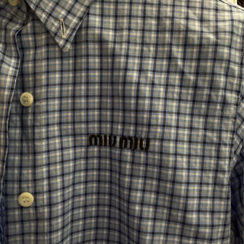 MIU MIU 格紋府綢恤衫 天藍色 + 藍色-5