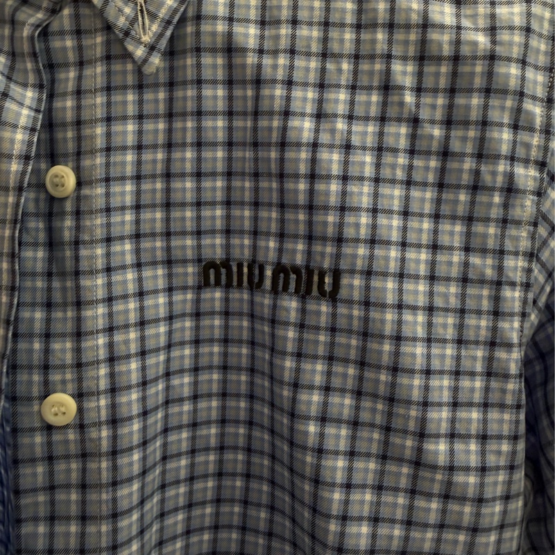MIU MIU 格紋府綢恤衫 天藍色 + 藍色-16