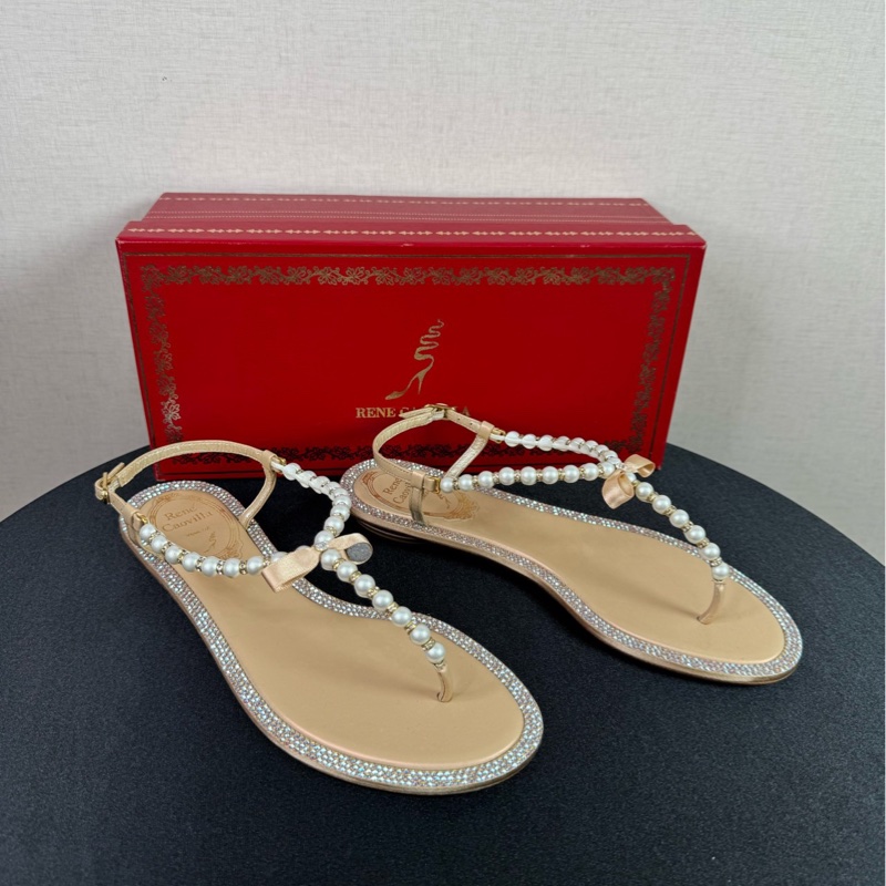 99新 Rene caovilla水鑽珍珠蝴蝶結人字拖涼鞋 35.5碼 鞋邊雙排水鑽裝飾-2