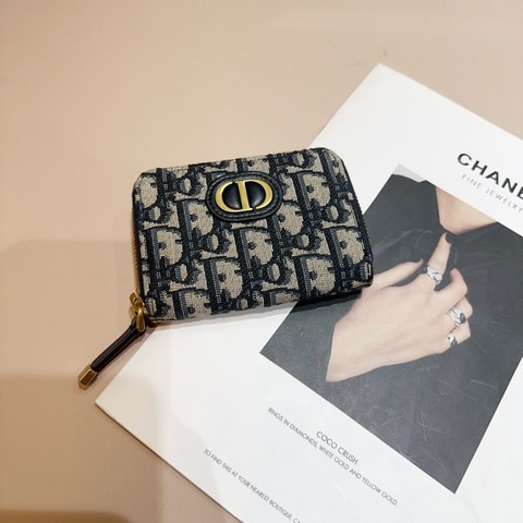 Dior 藍緹花布拼藍牛皮金釦Montaigne Voyageurㄇ拉短夾