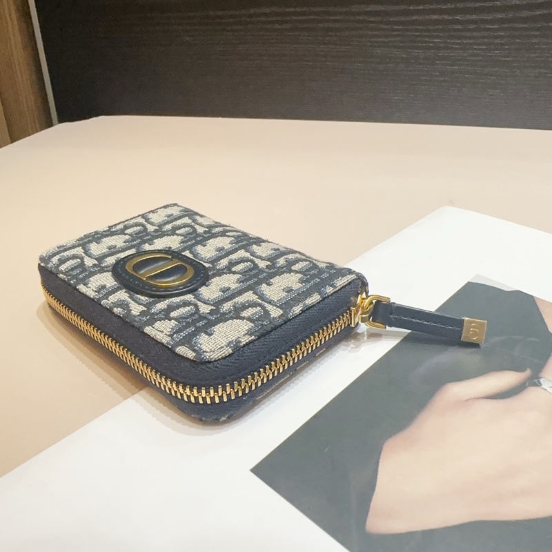 Dior 藍緹花布拼藍牛皮金釦Montaigne Voyageurㄇ拉短夾-4