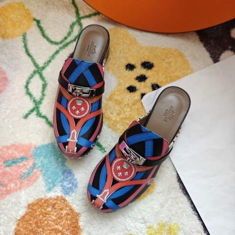 Hermes穆勒鞋愛馬仕Kelly扣彩色印花木底穆勒鞋 36碼