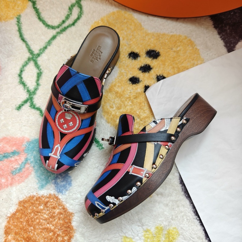 Hermes穆勒鞋愛馬仕Kelly扣彩色印花木底穆勒鞋 36碼-1