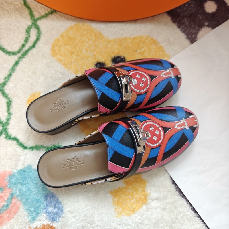 Hermes穆勒鞋愛馬仕Kelly扣彩色印花木底穆勒鞋 36碼-3
