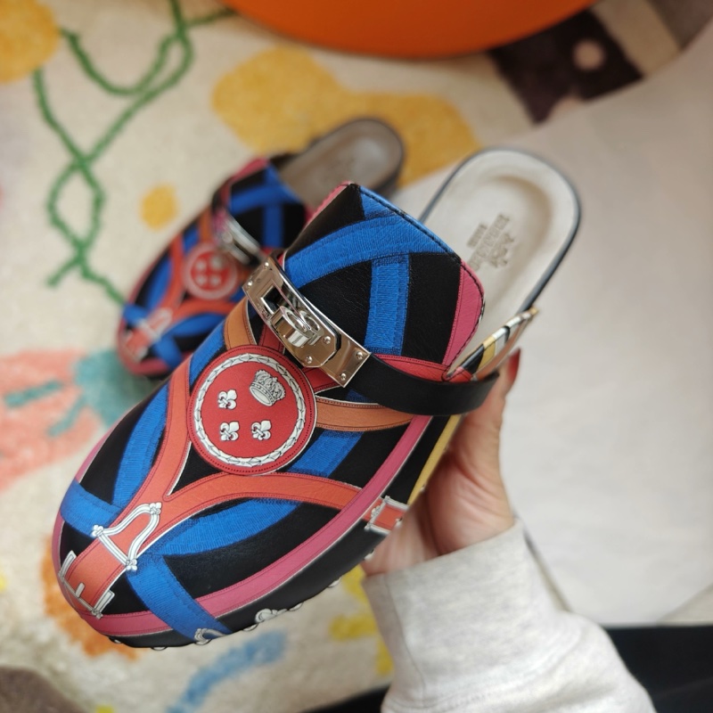 Hermes穆勒鞋愛馬仕Kelly扣彩色印花木底穆勒鞋 36碼-4