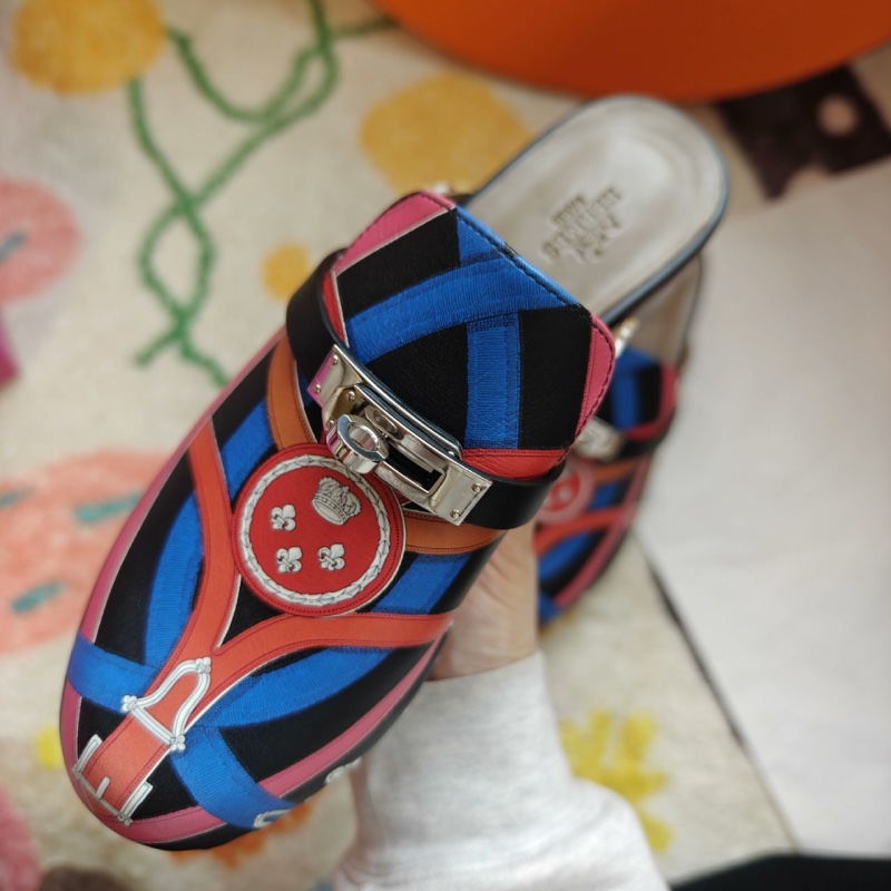 Hermes穆勒鞋愛馬仕Kelly扣彩色印花木底穆勒鞋 36碼-5