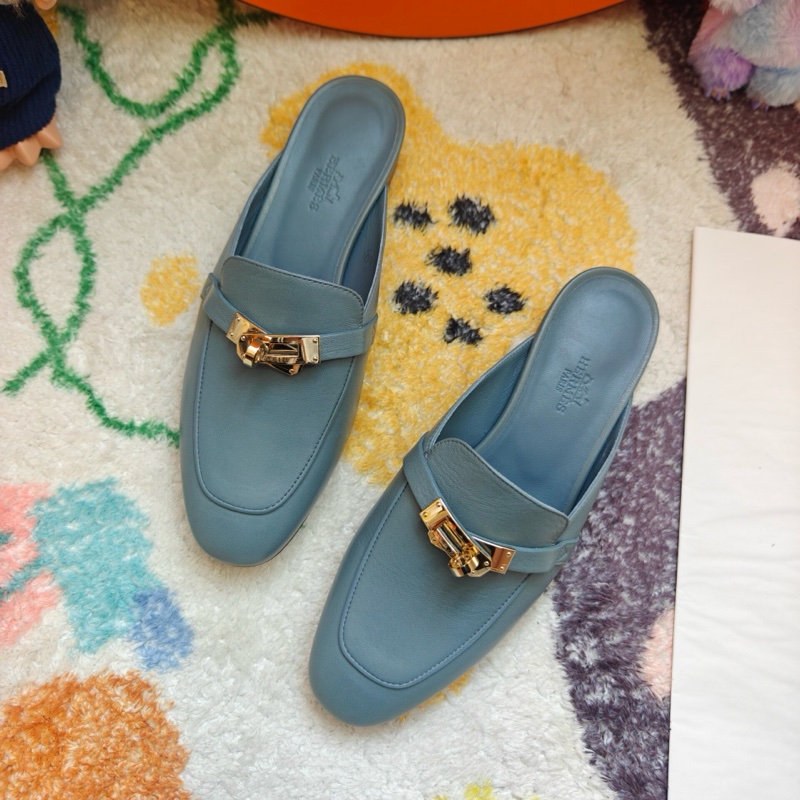 Hermes愛馬仕OZ霧霾藍淺金扣Kelly扣穆勒鞋  37碼-0