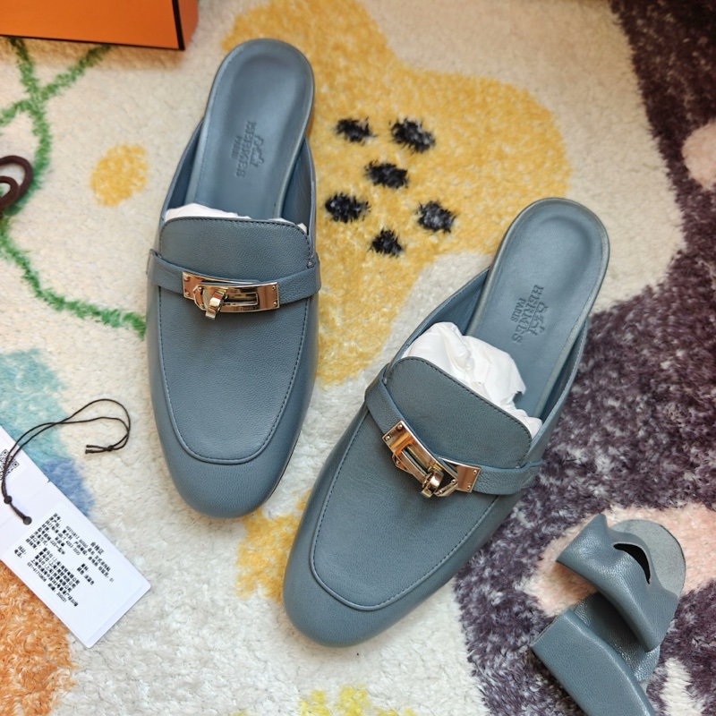 Hermes愛馬仕OZ霧霾藍淺金扣Kelly扣穆勒鞋  37碼-1