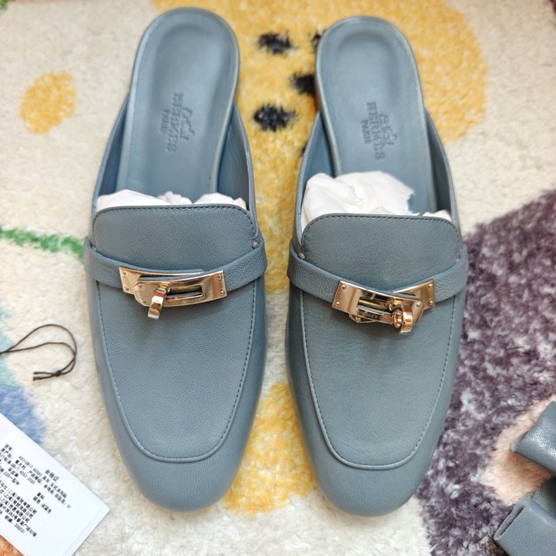 Hermes愛馬仕OZ霧霾藍淺金扣Kelly扣穆勒鞋  37碼-2